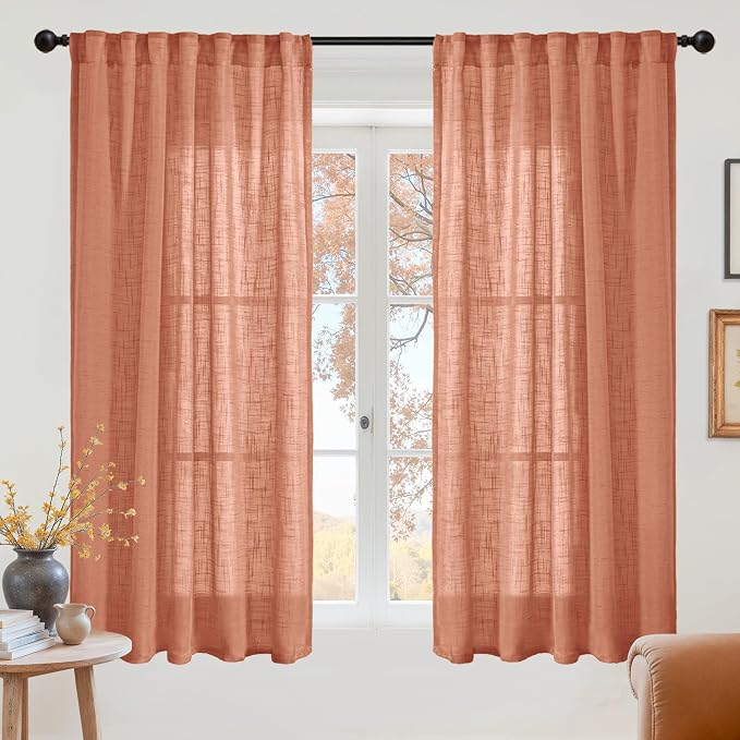 YoungsTex Burnt Orange Linen Semi Sheer Curtains 42 X 45 Inch Long | Short Drapes with Rod Pocket Back Tab Rustic Lightweight Fall Decor for Bathroom Living Room Window, 2 Panels, 42 X 45 Inch