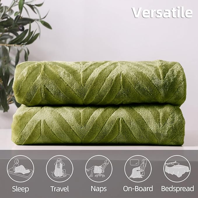Whale Flotilla Flannel Fleece Bed Blanket Twin XL Size, Olive Green | Lightweight Breathable Soft Bedspread, Plush Fluffy Coverlet Chevron Design Decorative Blanket for All Season, 90x66 Inch