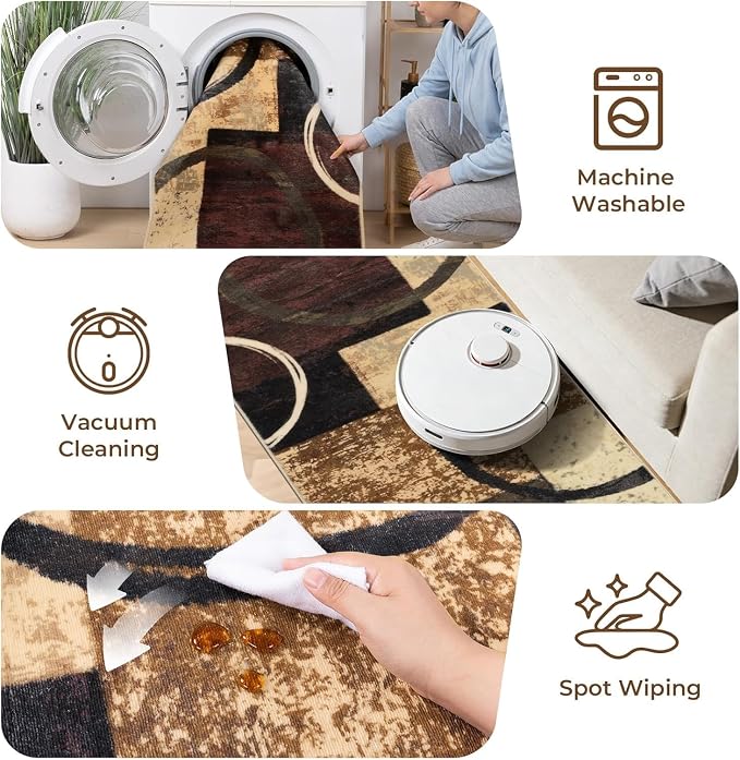 Yamaziot 9x12 Washable Modern Abstract Area Rug Non-Slip Living Room Rug | Stain Resistant, Low Pile, Ultra Soft Carpet Rug with Rubber Backing for Dining Room, Nursery, Bedroom, Office, Brown