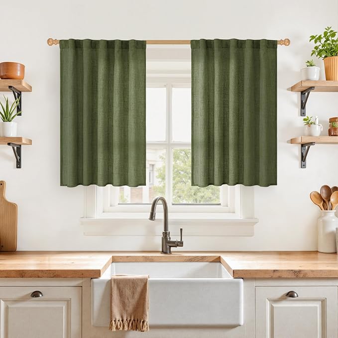 YoungsTex Olive Green Linen Kitchen Curtains 36 Inch Length, Semi Sheer Textured Small Drapes Rod Pocket Back Tab for Cafe Bathroom Short Window, 2 Panels, 42 X 36 Inch