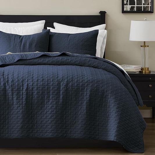 palassio Navy Blue 100% Cotton Quilt California Cal King Size Bedding Sets with 2 Pillow Shams, Oversized Lightweight Bedspread Shabby Chic Coverlet, Soft Bed Cover for All Season, 3 Pieces