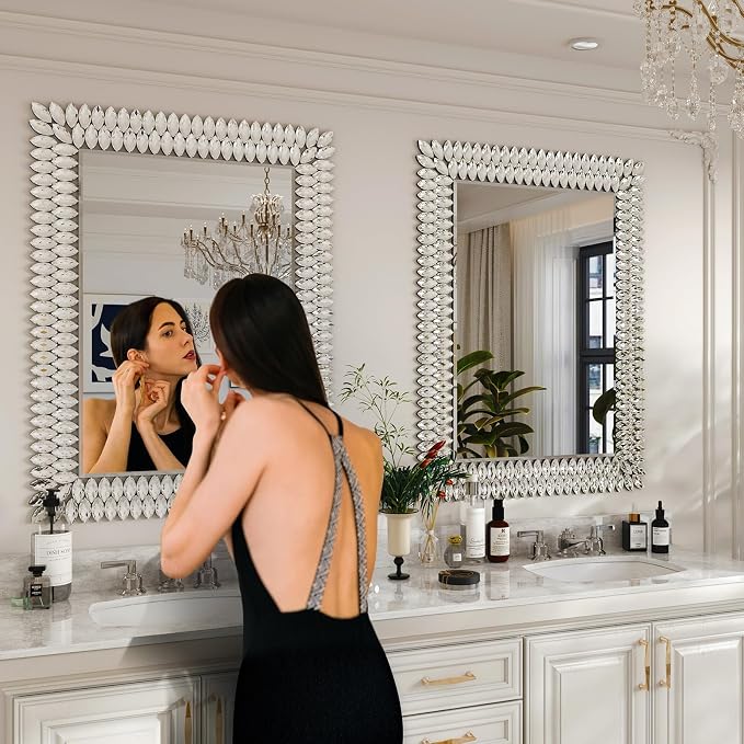 Kelly Miller 30"x40" Jeweled Luxury Rectangle Decorative Wall Mirror | Elegant diamond beveled vanity mirror. Perfect large wall mirror for living room, bathroom, entryway.