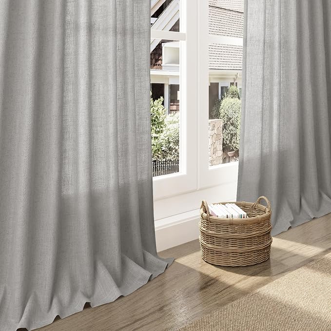 Light Gray Linen Curtains 96 Inches Long for Living Room Light Filtering Semi Sheer Curtain Back Tab Rod Pocket Textured Luxury Grey Simple Modern Drapes for Bedroom 52x96, 2 Panels
