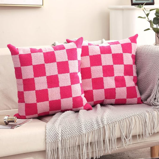 Alysheer Checkered Embroidered Throw Pillow Covers 18"x 18" 2pc Hot Pink