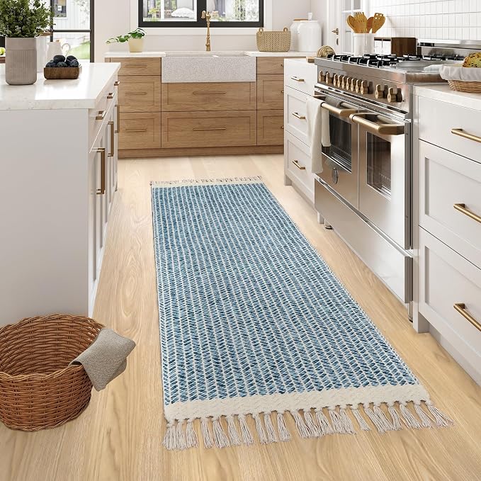 Lahome Boho Bathroom Runner Rug, 2x6 Washable Rugs for Kitchen Hallway | Woven Cotton Laundry Room Throw Carpet with Tassels, Farmhouse Decor Blue Non Shedding Lightweight Mat for Entryway Bath