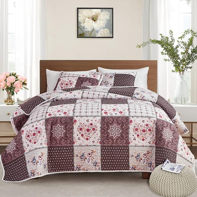 Patchwork Quilt Set Full/Queen Size, 3 Pieces Brown Floral Plaid Summer Bedspread Coverlet Set, Soft Microfiber Reversible Lightweight Bed Cover for All Season (90" x 90", 1 Quilt+ 2 Pillow Shams)