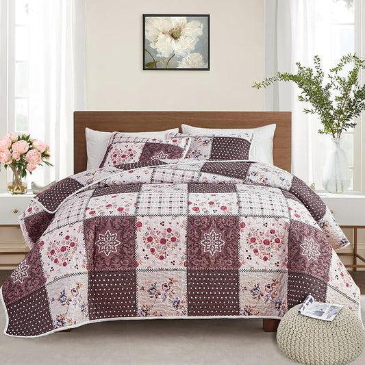 Patchwork Quilt Set Twin Size, 2 Pieces Brown White Floral Plaid Design Summer Bedspread Coverlet Set, Soft Microfiber Reversible Lightweight Bed Cover for Kids (68" x 86", 1 Quilt+ 1 Pillow Sham)