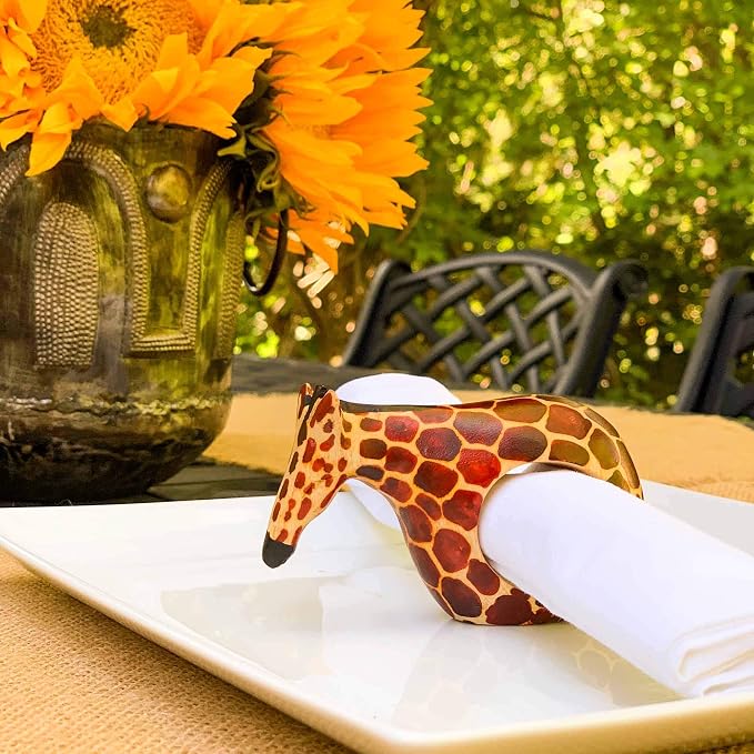 Global Crafts KWF012_G - Giraffe Wooden Napkin Rings - Handcarved Mahogany, Set of 6