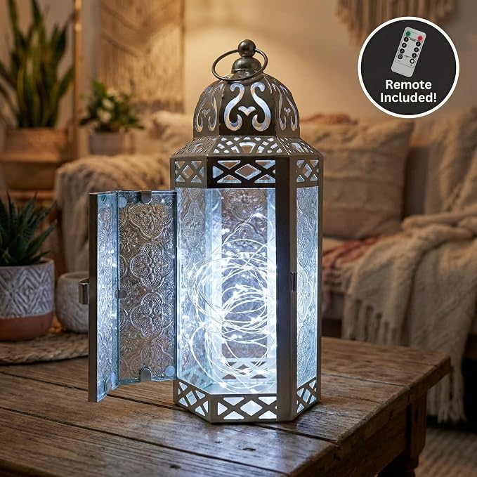 Vela Lanterns Decorative Indoor Fairy Light Candle Holder, White Gold, M | Wedding Table Centerpieces, Ramadan & Eid Mubarak Decorations, Turkish Moroccan Metal Hanging Lamp, Patio, 10.5" Tall