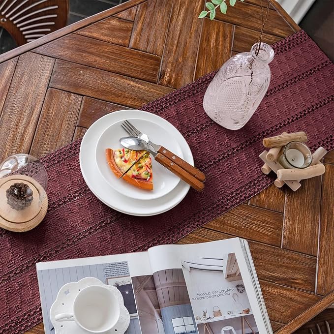 Macrame Table Runner Burgundy Boho Table Runners with Tassels 12x108in | Alynsehom Hand Woven Cotton Table Runner Rustic Farmhouse Table Runners for Bohemian Kitchen Dining Table