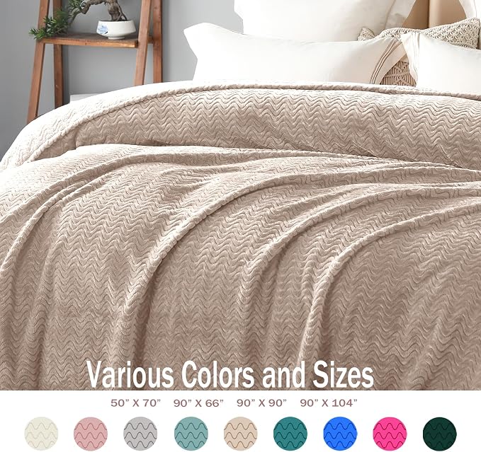 Exclusivo Mezcla Soft Fleece Blanket King Size, Cozy Lightweight Blankets with Decorative Wave Textured Suitable for All Season Use, Camel, 90x104 Inches | 90"x104" Breathable Lightweight Flannel Blanket for Summer, Plush Cozy Jacquard Wave for Home Decor