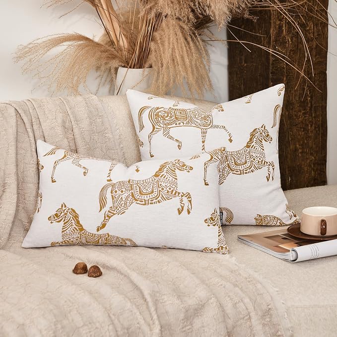 Decorative Throw Pillow Covers 22x22 inches, Double Sided Orange Horse Pattern Jacquard Embroidered Square Pillow Cover for Couch Sofa Bed Living Room Bedroom
