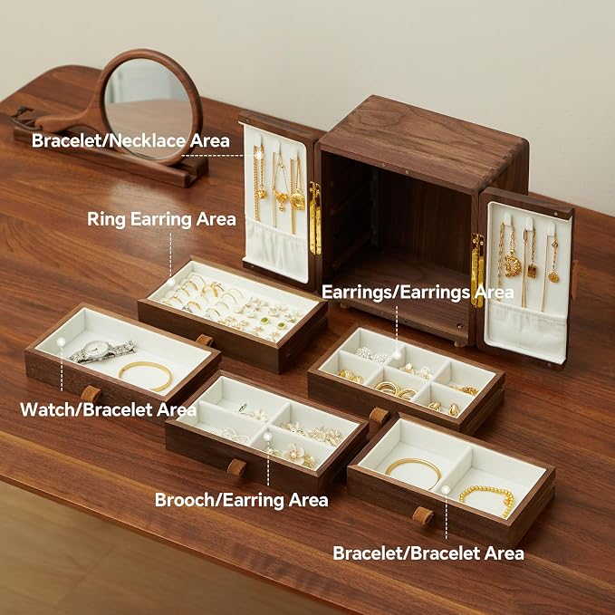 Black Walnut Wood Jewelry Box, Large | Women & Men, Velvet Lined, 5 Drawers, Hand Carved Ginkgo Leaf Handles, Double Door Wardrobe Design