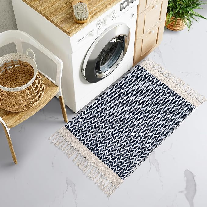 Lahome Boho Bathroom Rugs, Small 2x3 Front Door Mat for Kitchen, Washable | Indoor Entryway Area Rug Woven Cotton with Tassels, Farmhouse Non Shedding Blue Throw Low Pile Carpet for Bath Entry Laundry
