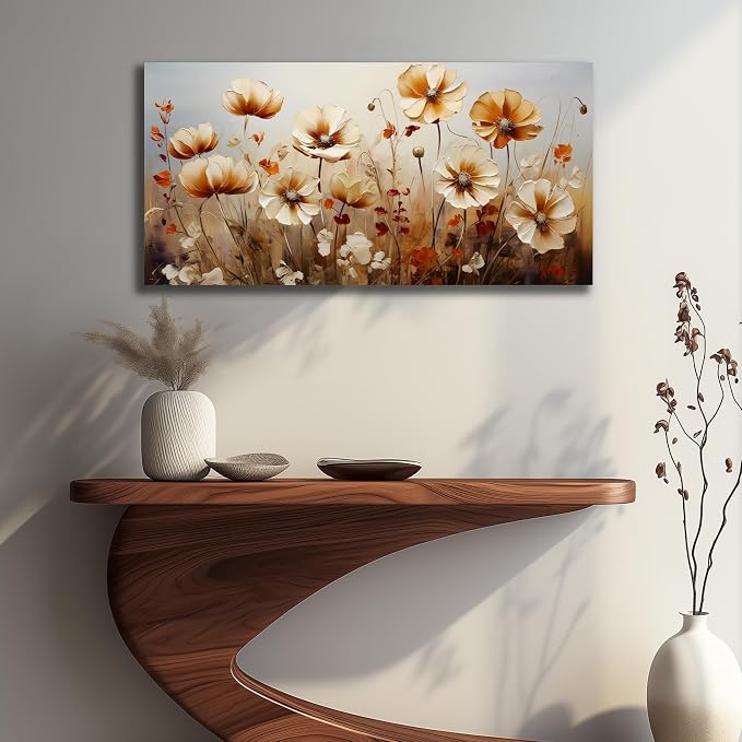 DNIEOTU Flower Wall Art for Living Room, Floral Canvas Wall-Decor for Bedroom, Beige and Brown Picture Prints for Hallway Office, Size 40 x 20 Inches