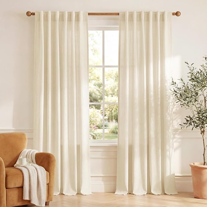 NICETOWN Linen Beige Curtains 102 inchesLong for Bedroom, Rod Pocket & Back Tab Privacy Added with Light Filtering Thick Flax Semi Sheer Window Treatments for Living Room, W55 x L102, 2 Panels