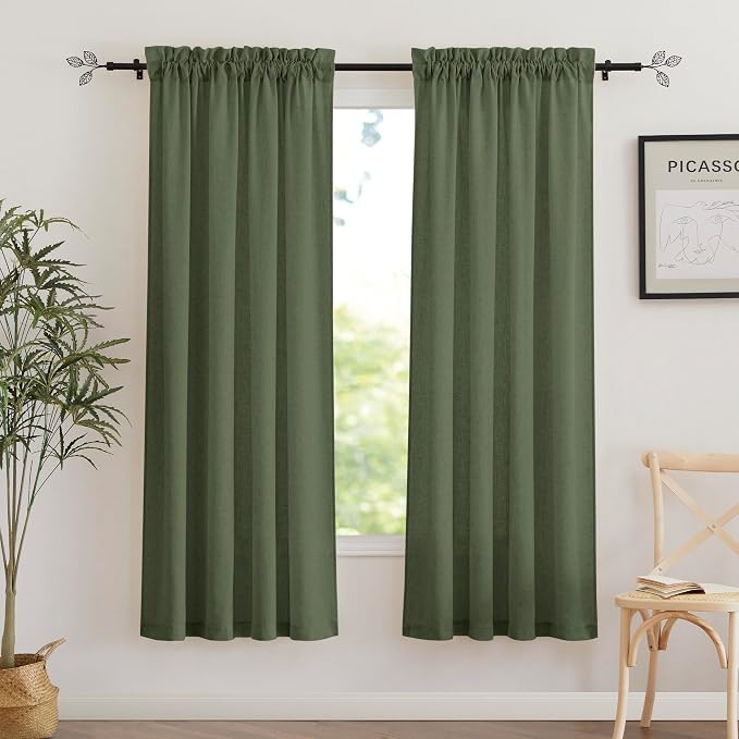 RYB HOME Linen Sheer Curtains 2 Panels for Living Room, Semi Transparent Privacy Drapes with Rod Pocket Farmhouse Style Window Treatments for Bedroom, Olive Green, 52" W x 90" L