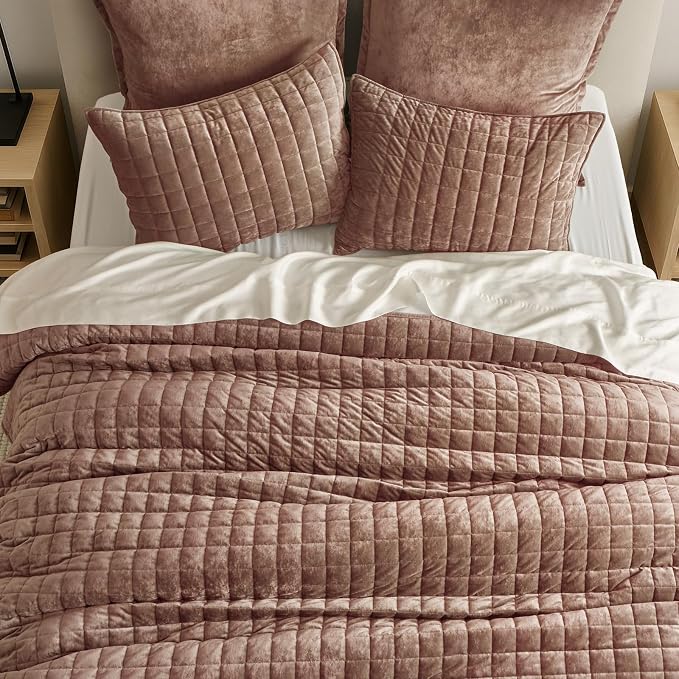 RECYCO Channel Box Stitch Velvet Quilt Set, Queen Size, Terracotta Clay | Ultra Soft Lightweight Velvet Comforter, Luxury Oversized Bedspread Coverlet, Quilted Bedding Set for All Season with 2 Shams