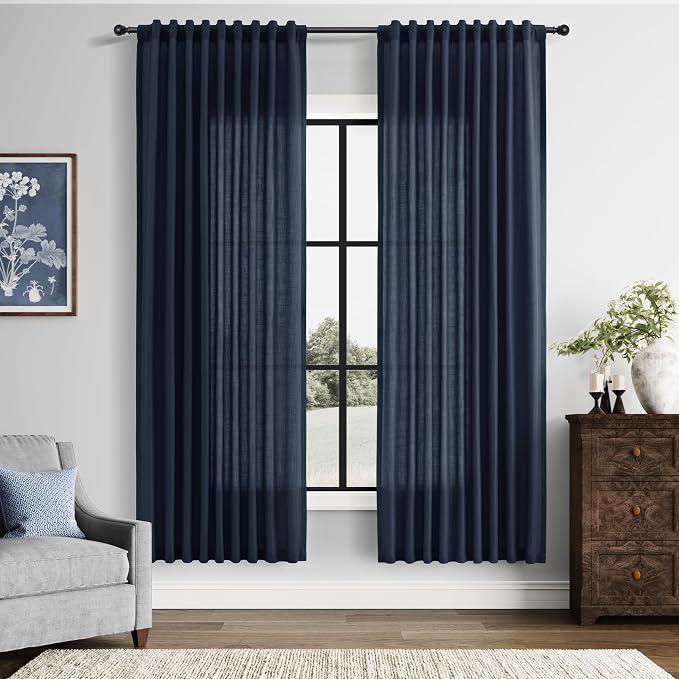 Linen Curtains 72 Inches Long for Living Room Semi Sheer Light Filtering Curtain Back Tab Rod Pocket Neutral Boho Modern Farmhouse Decor Window Drapes for Bedroom 52x72 2 Panels Navy Blue