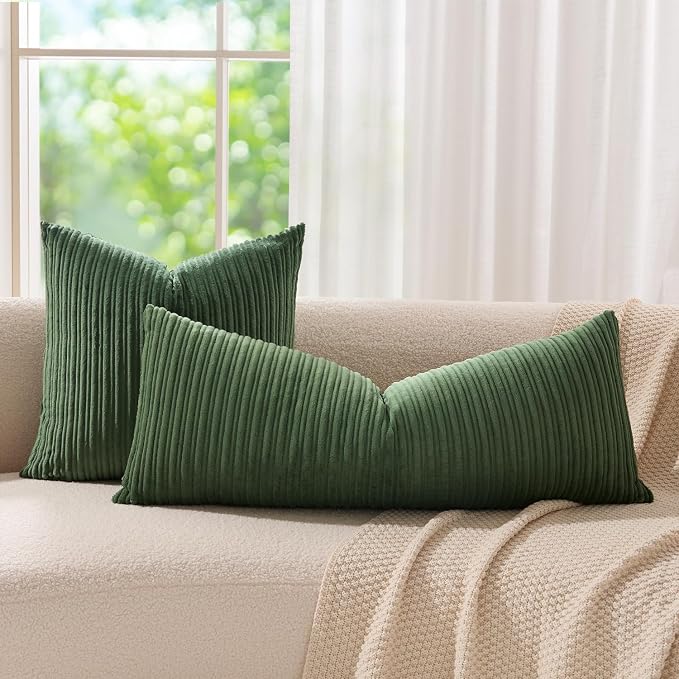 Kevin Textile Striped Corduroy 14”x36” Pillow Cover 1 Pack, Moss Green