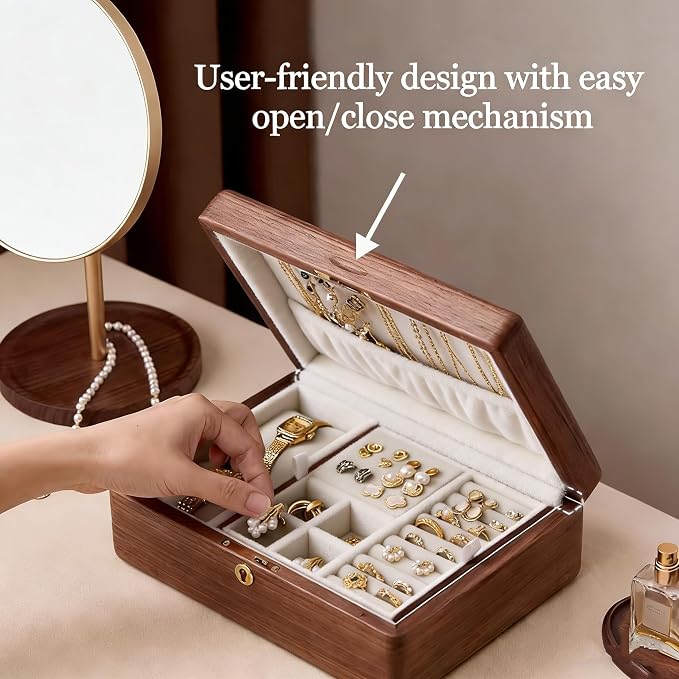 Bescott 2 Layer Solid Black Walnut Wooden Jewelry Box with Lock and Key for Women Wood Vintage Organizer for Men Earrings Rings Necklaces Bracelet Watch Storage