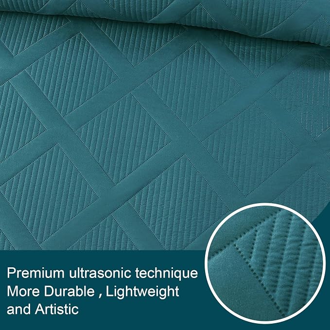 Exclusivo Mezcla Quilt King Size, Teal | Soft Bedspreads with 2 Pillow Shams, Modern Striped Pattern, Lightweight Bedding Set Coverlets for All Seasons, 104x96 Inch