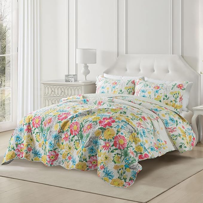 NEWLAKE Quilt Bedspread Sets- Dreamy Flowers Reversible Coverlet Set,King Size