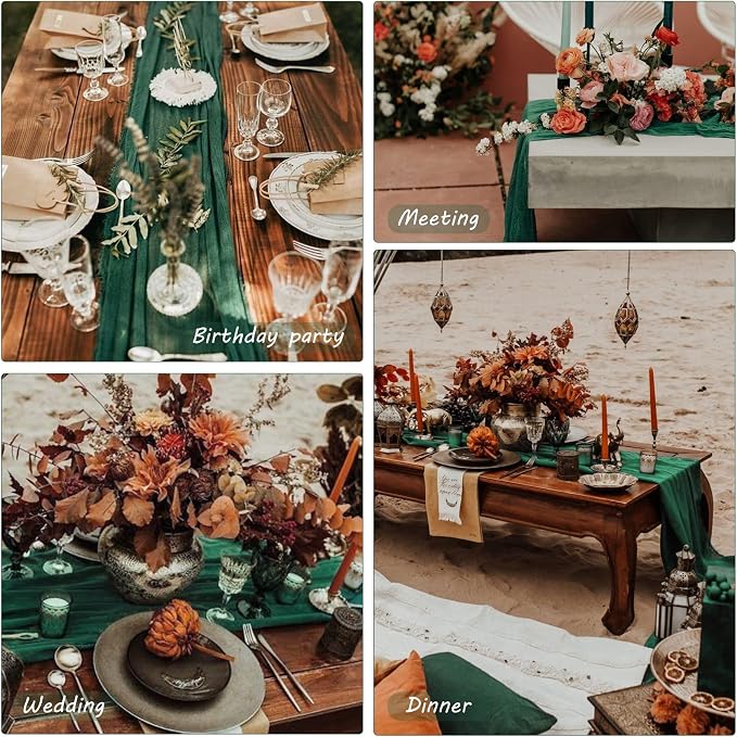 12 Pack Boho Gauze Table Runner 35x72 Inch - Rustic Cheese Cloth Long Table Runner for Wedding, Bridal Shower & Birthday Party Decor (Dark Green)
