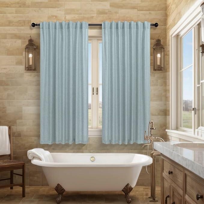Pitalk Aqua Curtains 45 inch Length for Bedroom 2 Panels Rod Pocket Back Tab Lightweight Linen Semi Sheer Short Coastal Summer Sea Green Seafoam Curtains for Living Room Bathroom Home Office Teal