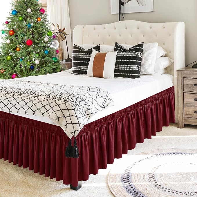 Wrap Around Queen Size Bed Skirt 19 Inch Drop-Elastic Dust Ruffle Burgundy | Adjustable Pleated Bedskirt-Easy Fit Wrinkle Resistant Washable Hotel Quality Fabric Bed Skirting-Master Guest Bedroom Rental