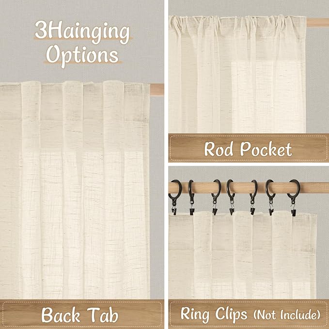 Semi Sheer Linen Curtains 48 Inch Length for Windows, Linen | Light Filtering, Short Kitchen Curtains, Neutral, Back Tab Rod Pocket, Drapes for Bathroom, Bedroom, 2 Panels, 34 x 48 Inch