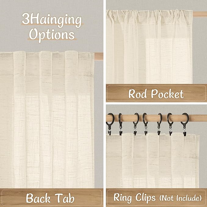 Kitchen Linen Curtains 30 Inch Length for Small Window, 2 Panels | Semi Sheer Light Filtering, Boho, Curtains for Cafe, Bathroom, Basement, Back Tab Rod Pocket Panels, Linen, 34 x 30 Inch