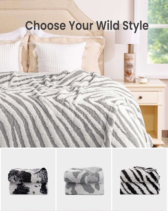 Knit Throw Blanket for Couch, Soft Cozy Fluffy Knitted Blanket for Sofa, Bed, Gift for Women Girls Home Decor (Zebra-Grey, Throw 50"x60")