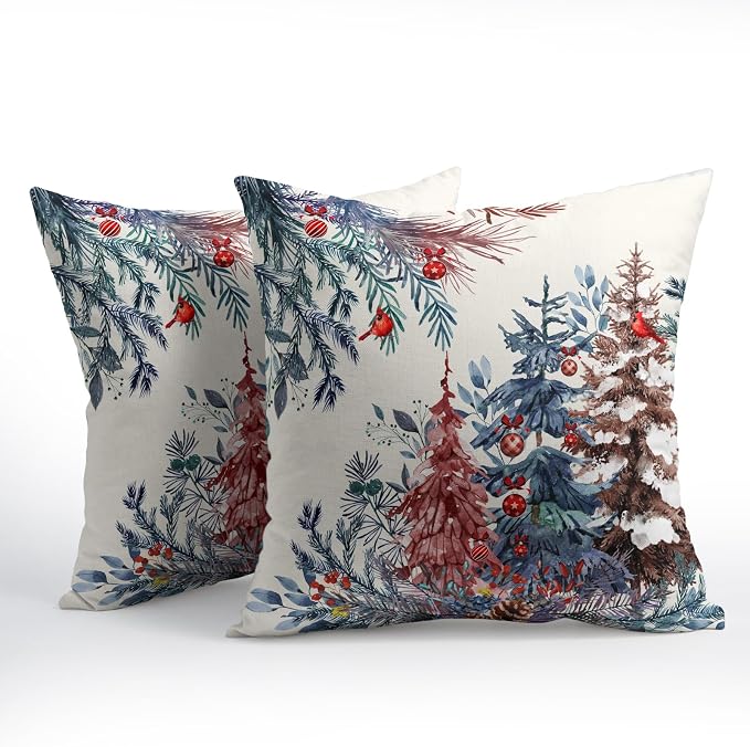 Christmas Tree Throw Pillow Covers 24x24 Inch Set of 2 Winter Watercolor Pine Trees Red Berry Bells Birds Decorative Pillowcase Xmas Holiday Cotton Linen Cushion Cover for Home Sofa Couch Patio
