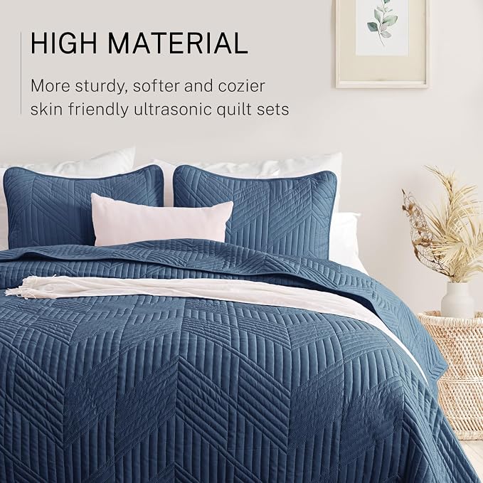 Exclusivo Mezcla Ultrasonic Full Queen Quilt Bedding Set, Navy Blue | Lightweight Bedspreads, Soft Microfiber, Modern Geometric Coverlet, All Season Bed Cover, 1 Quilt and 2 Pillow Shams
