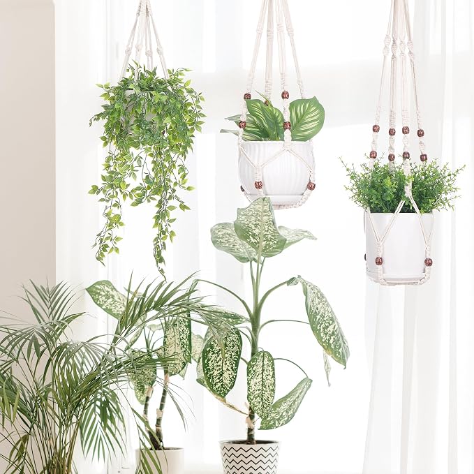 YIBOT 3 Pack Macrame Plant Hangers Hanging Planters for Indoor Plants Ivory