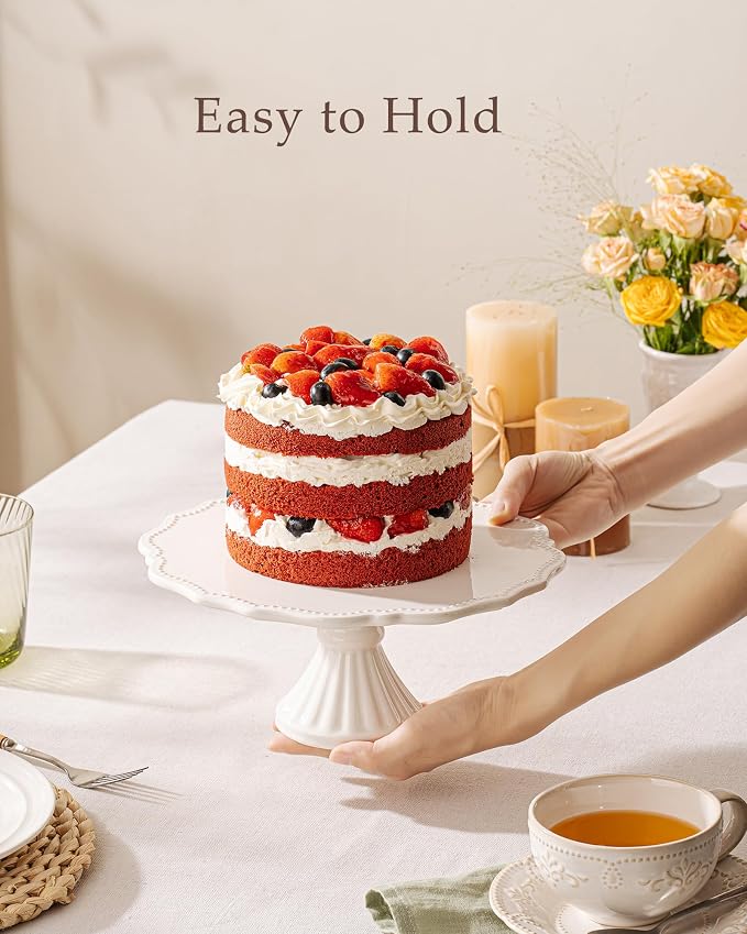 10 Inch Cake Stand, Relief Round Dessert Cake Stand for 8 Inch Cake | Ceramic Cupcake Stand for Birthday, Wedding, Baby Shower, Tea Party and Other Celebrations (White)