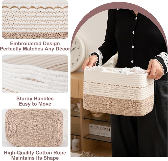 OIASKET 4 Pack Storage Baskets for Organizing, 13"X9"X7.87", Decorative Cotton Rope Baskets for Shelves, Small Woven Basket for Toys, Books and Towels, Brown & White