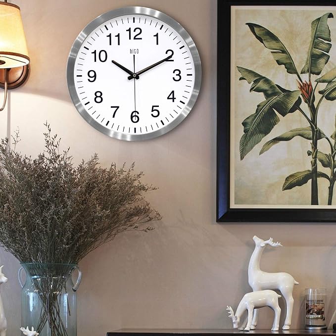 HITO 14" Silent Wall Clock Battery Operated Non Ticking Sweep Movement Glass Cover Silver Aluminum Frame, for Kitchen, Bedroom, Home Office, Living Room Decor