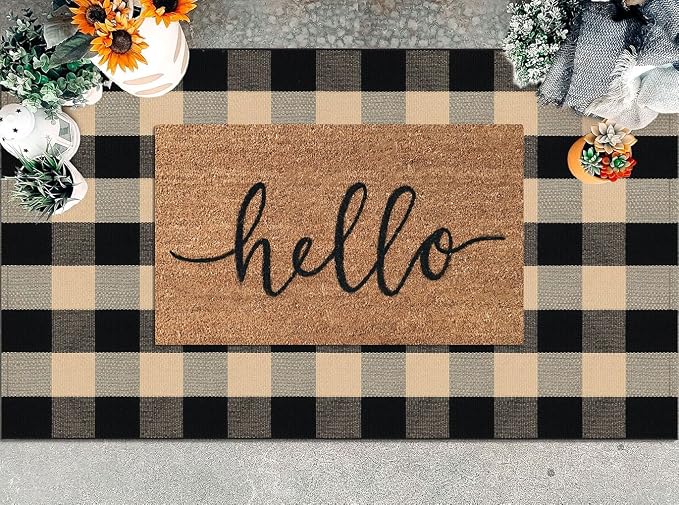 KILOCOCO Buffalo Plaid Checkered Rug 3x5 ft Front Door Rug, Brown and Black | Machine Washable Front Porch Rug, Outdoor Indoor Entryway Rug, Cotton Layered Doormat, Low Pile Rugs for Kitchen Patio