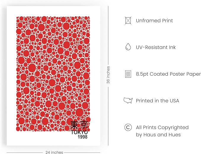 HAUS AND HUES Red Abstract Wall Art – Yayoi Kusama Inspired Japanese Poster, Circle Abstract Wall Decor, Modern Art Exhibition Print (24x36 Unframed)