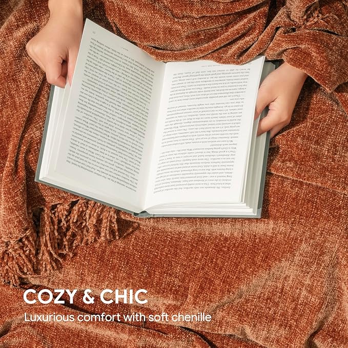 RECYCO Throw Blanket Soft Cozy Chenille Throw Blanket with Fringe Tassel for Couch Sofa Chair Bed Living Room Gift (Rust, 50" x 60") | Super Soft Knit Throw Blanket with Fringe Tassels, Lightweight Knitted Throw, Cozy, Ideal for Sofa Chair Bed Living R...