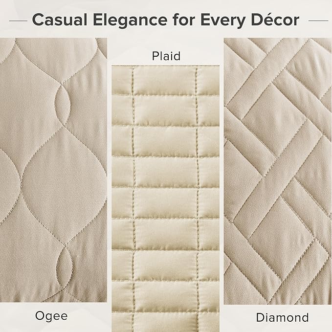 Comfort Spaces Kienna Bed Quilt Set King Size 3P, 104"x90" Beige Diamond | Soft Cozy Lightweight Summer Coverlet Cal King, Quilted Bedspreads Extra Layer, Modern Casual Bedroom Decor, OEKO-TEX