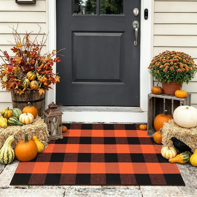 LEEVAN Halloween Buffalo Plaid Outdoor Rug, Fall Decor Front Porch Rug | 2'4" x 3'7" Black and Orange Washable Thanksgiving Layered Door Mat, Cotton Woven Fall Entryway Rugs for Kitchen Patio