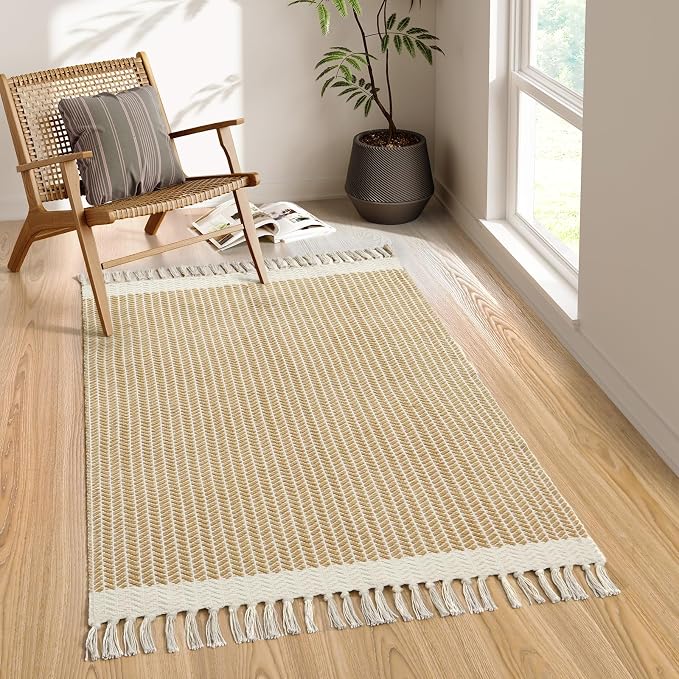 Lahome Boho Bathroom Rugs, 3x5 Washable Area Rug for Bedroom | Woven Cotton Kitchen Rug with Tassels, Farmhouse Decor Throw Non Shedding Indoor Door Mats for Entryway Living Room, Khaki