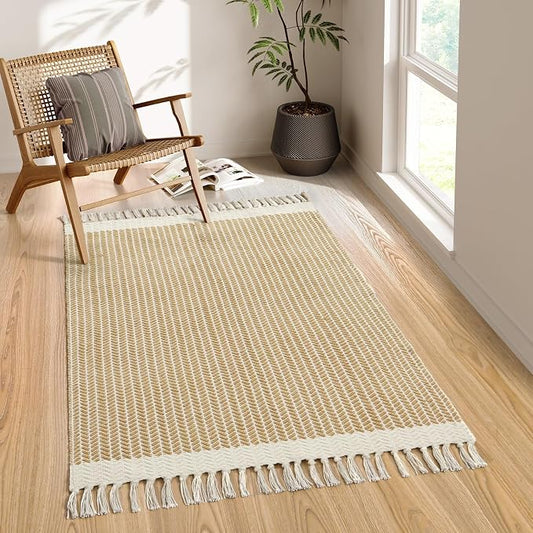 Lahome Boho Bathroom Rugs, 3x5 Washable Area Rug for Bedroom | Woven Cotton Kitchen Rug with Tassels, Farmhouse Decor Throw Non Shedding Indoor Door Mats for Entryway Living Room, Khaki