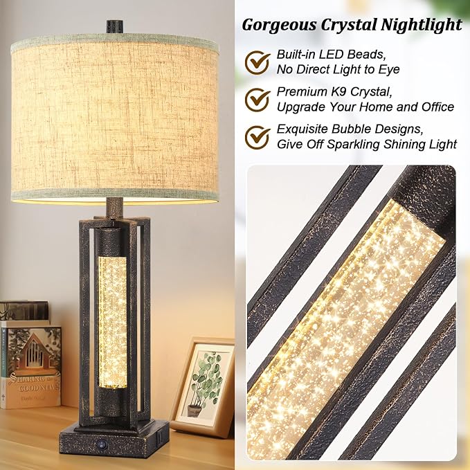 TOBUSA 26" Bronze Farmhouse Table Lamps Set of 2 with Crystal Night Light