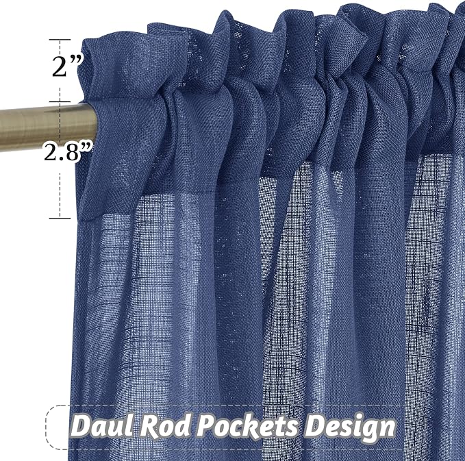 RYB HOME Curtains for Living Room - Linen Texture Sheer Farmhouse Country Curtains for Patio Sliding Glass Door French Door Bedroom Dining, Navy Blue, 52 x 95 inches, 2 Panels