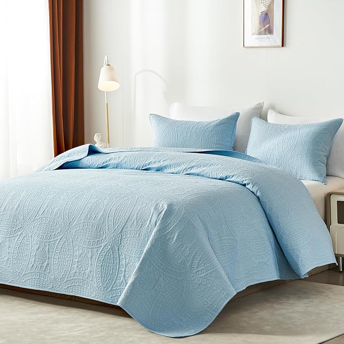 akkialla King Quilt Bedding Set,Sky Blue Ultrasonic King/Cal King Quilt Set,Lightweight Soft Bedspread Coverlet,Modern Style Coin Pattern Bed Cover for All Seasons,3 Piece(1 Quilt,2 Pillow Shams)