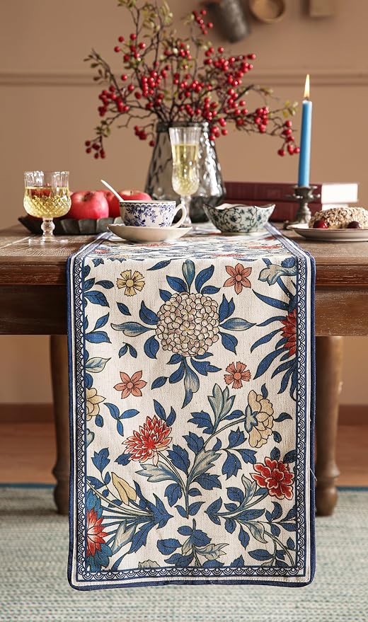 Patdrea Designer Vintage French Linen Table Runner,12"X71"-Ivar A | Elegant Tablerunner 71 Inches Long,Blue and White Floral Pattern,Decor Runner for Dining Room Living Room Banquet